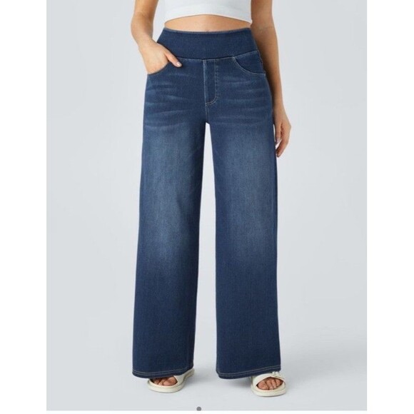 Halara Pants - Halara Flex Blue Baggy Wide Leg Pull On High Waist Stretch Jeans Sz M